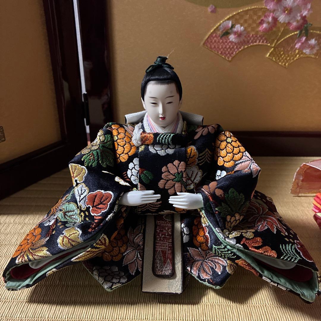 【美品】東京久月 雛人形セット 親王飾り 収納ケース付き 桜刺繍 木製