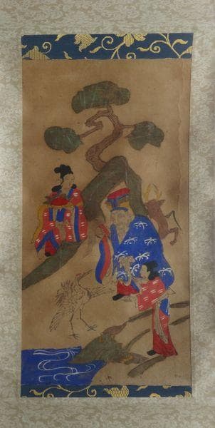 アンティーク 神社 歳徳神 正月さま 寿老人 七福神 童子 鹿 鶴亀 紙本 掛軸