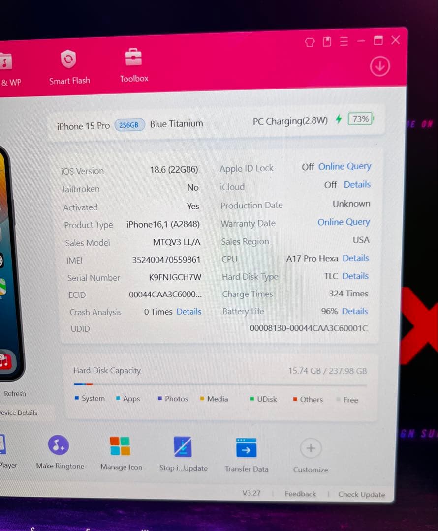 美品iPhone15 Pro 256GB/US/96%/SIMフリ