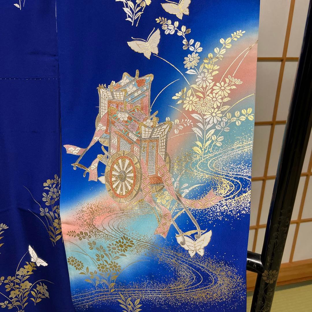ロイヤルブルー　正絹お誂え四つ身　七歳　暈し染に御所車