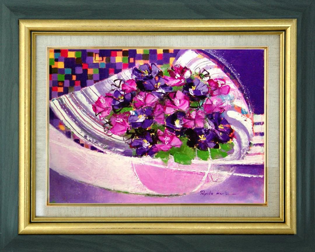 油絵 菅家令子絵 絵画インテリア額付(青緑＋金色の枠) uF6-062304 花