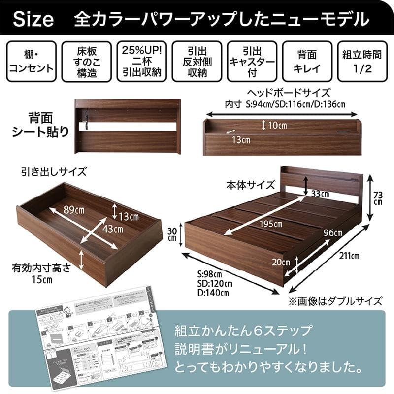 最安値！マットレスなし セミダブルベッド 収納 コンセント 送料込み！ 26